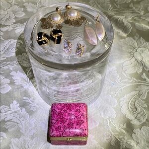 Earring Set with Pink Rose Box - 4 Sets of Post Earrings plus Small Trinket Box